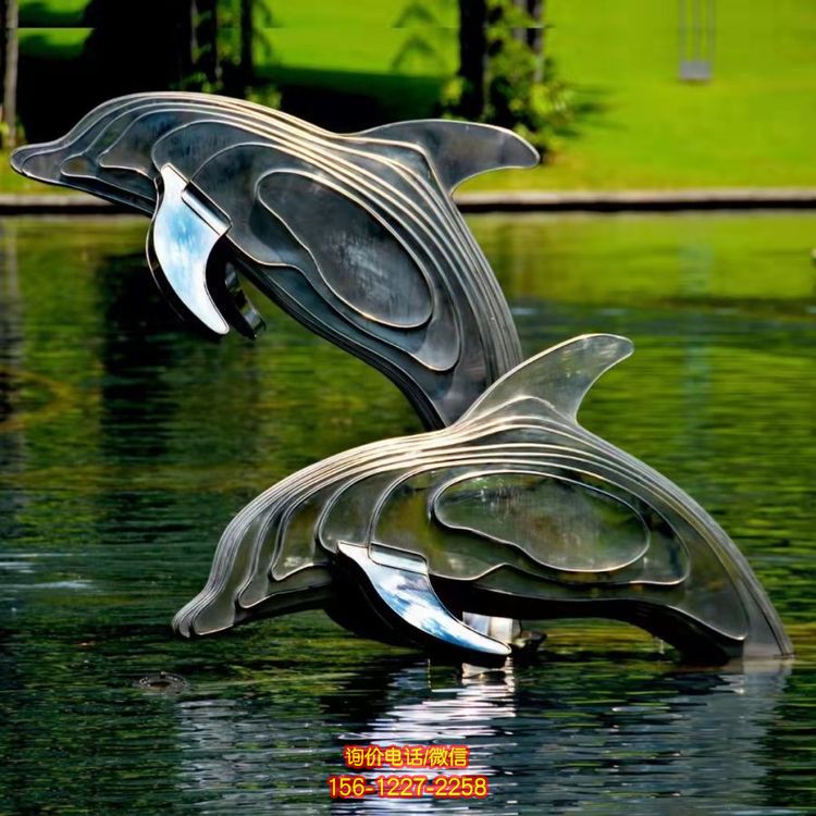 不銹鋼海豚雕塑，池塘水景抽象海豚景觀動(dòng)物雕塑