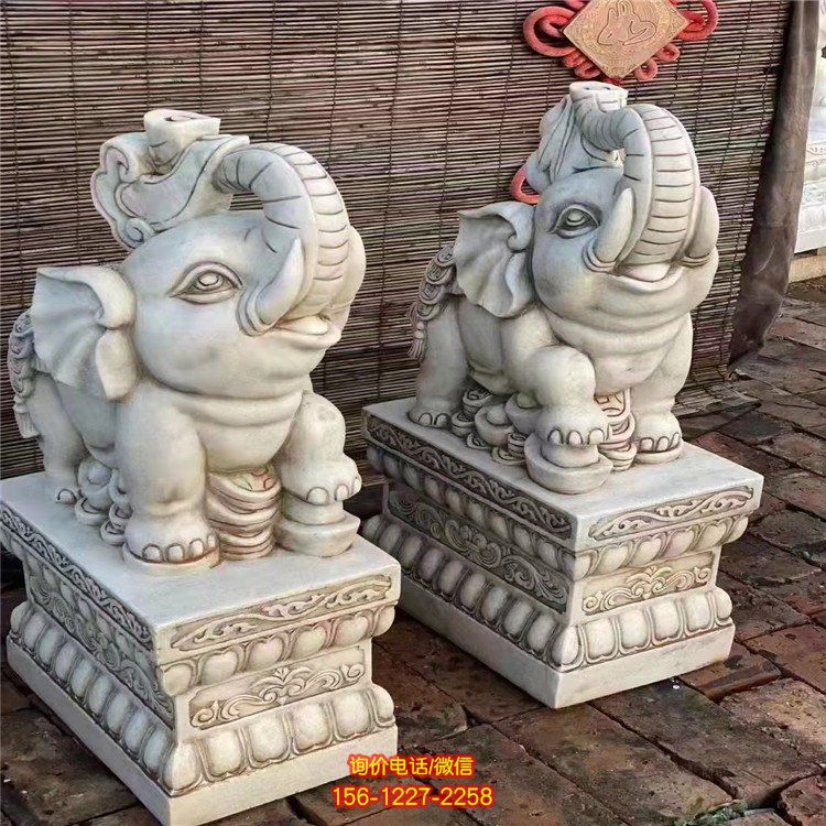 漢白玉石雕小象一對，可愛，萌萌的的招財小象