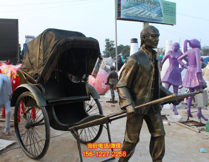 企業(yè)觀景公園仿真拉著黃包車(chē)的人物小品銅雕