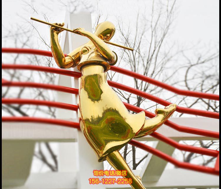 廣場不銹鋼噴金烤漆吹笛人物景觀吹奏雕塑 廣場不銹鋼噴金烤漆吹笛人物景觀吹奏雕塑
